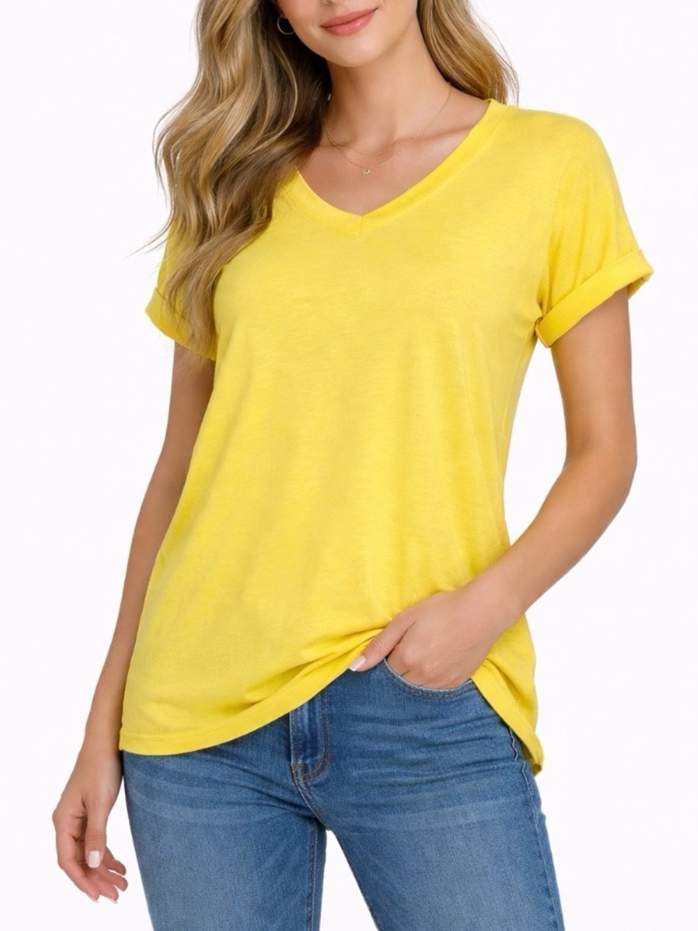 Westbound Petites New canary yellow V-neck rolled sleeve long basic Tee SZ SP